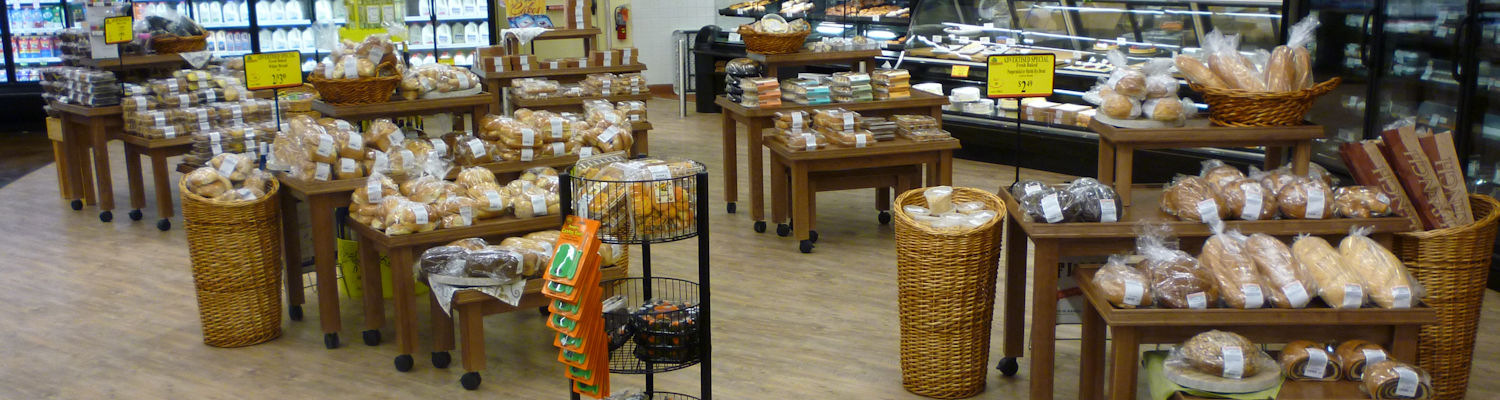 Bakery display fixtures, carts, tables, bins, walls, islands & service counters