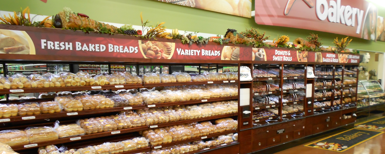 Bakery displays, carts, tables, bins, walls, display islands, service counters