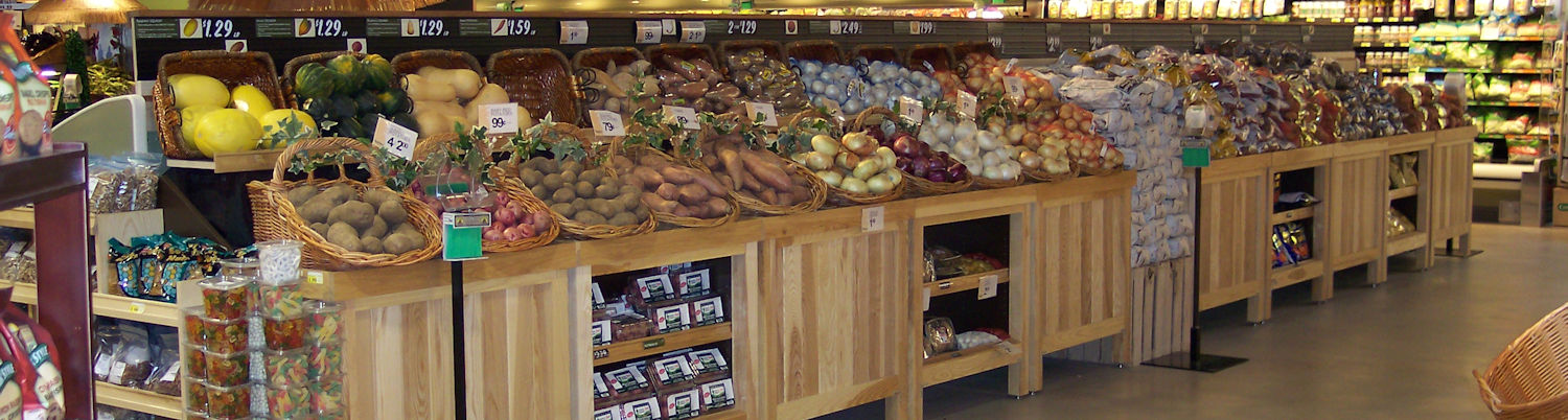 Produce display fixtures, orchard bins, tables, carts & islands
